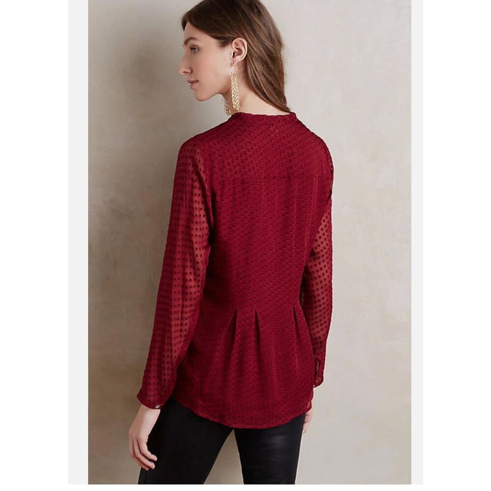 Meadow Rue Anthropologie Red Silk Blend Button Up Blouse Neck Tie Clip Dot sz M - Picture 2 of 14